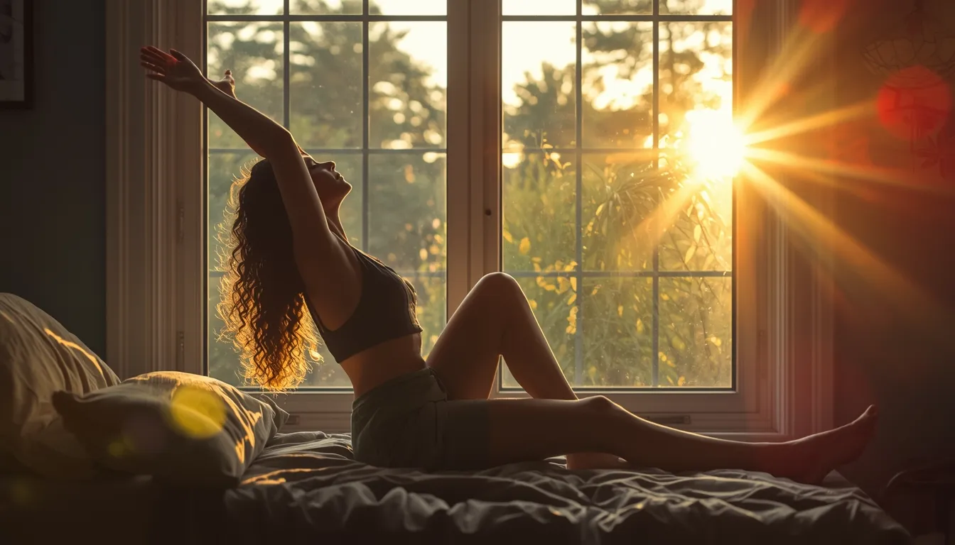 Person stretching gently in morning light near a window