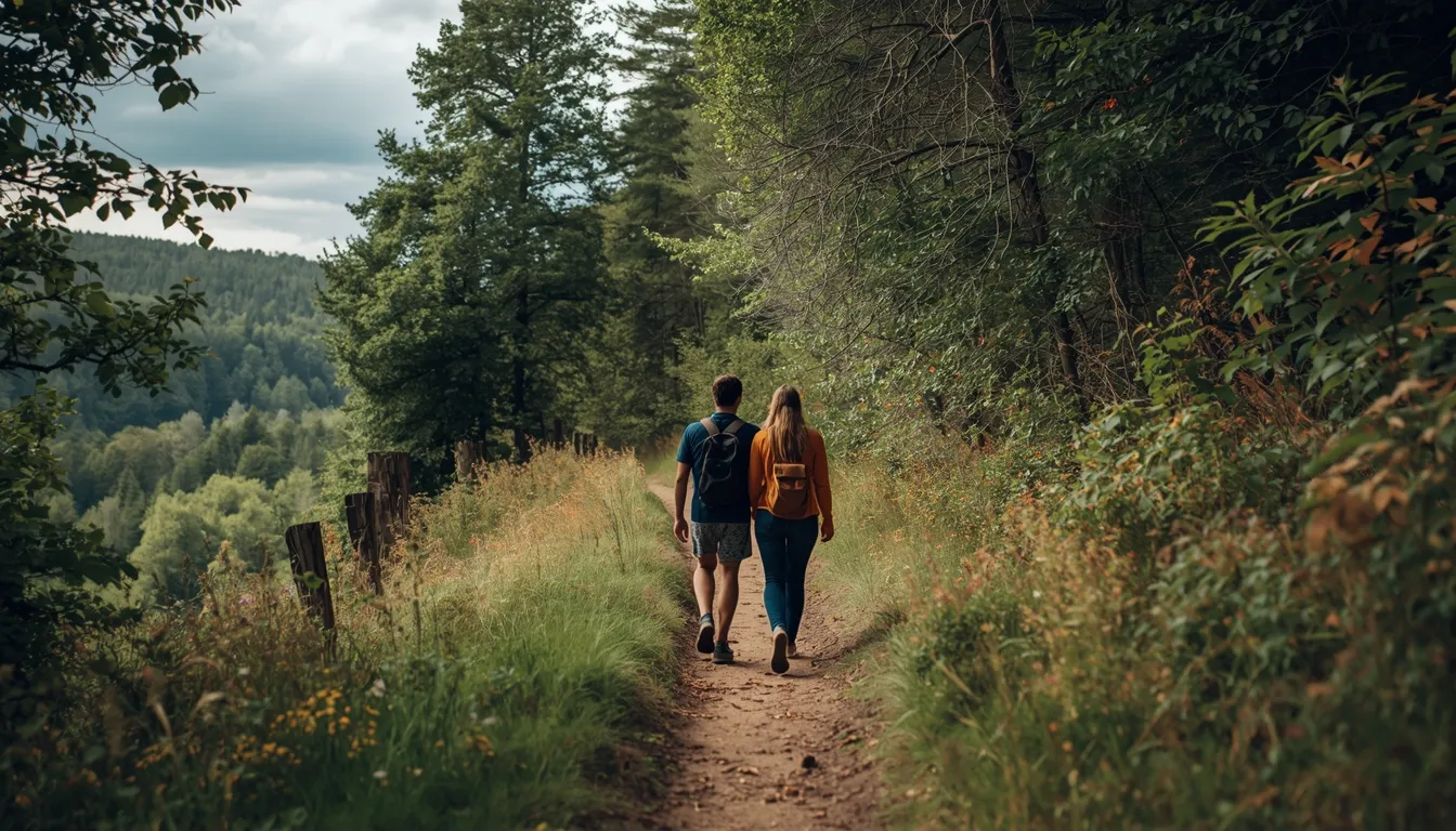 People walking together on a scenic nature trail during weekend